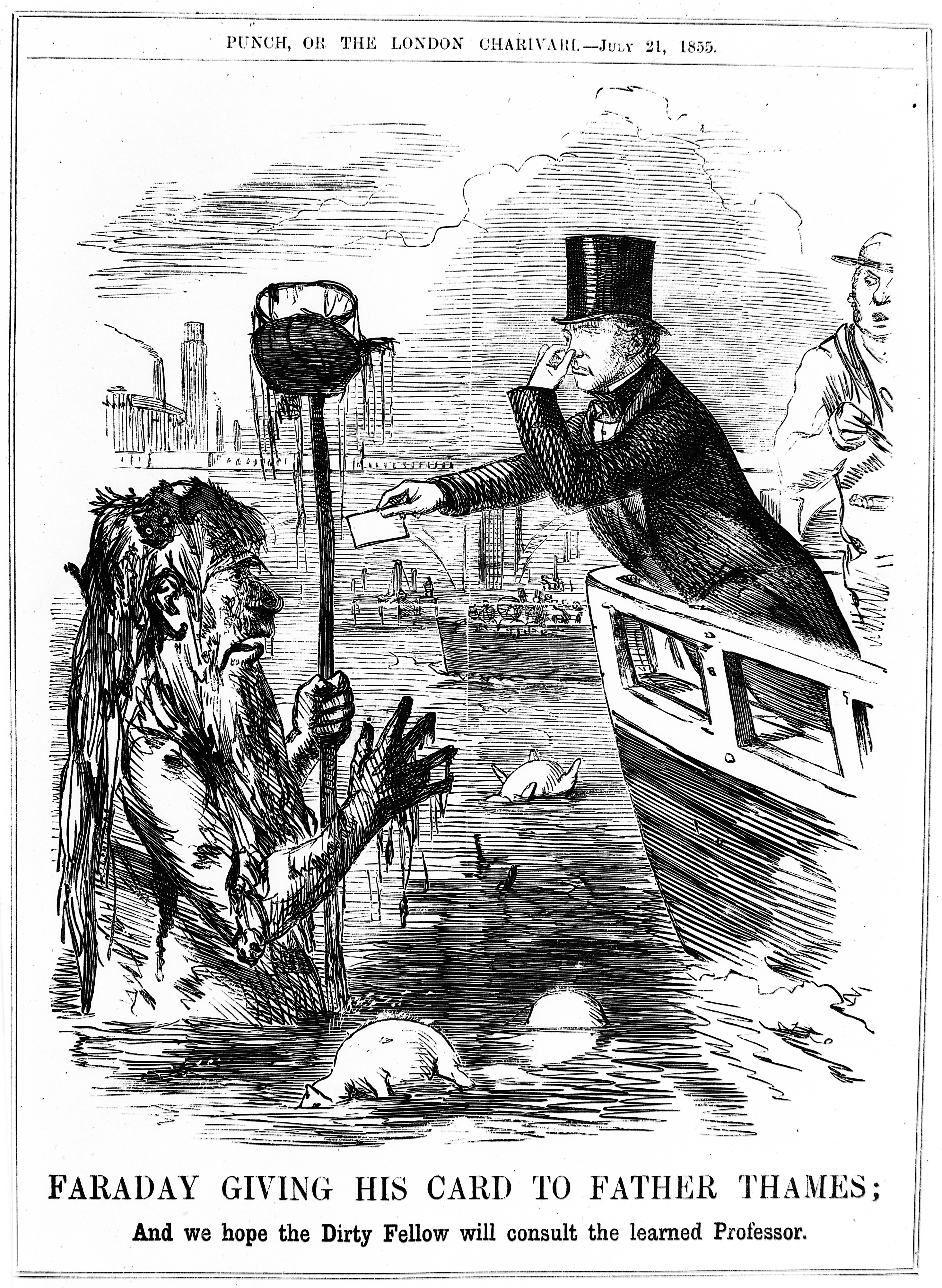Michael Faraday giving his card to Father Thames, Punch magazine, 1855