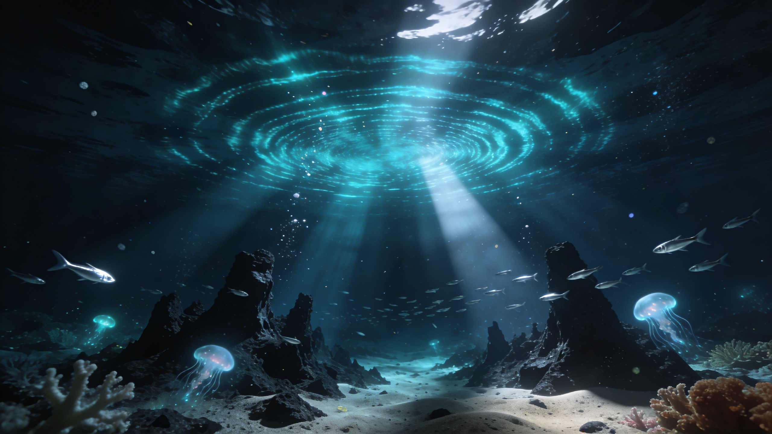 Mysterious deep ocean scene with sound waves propagating through the deep blue depths